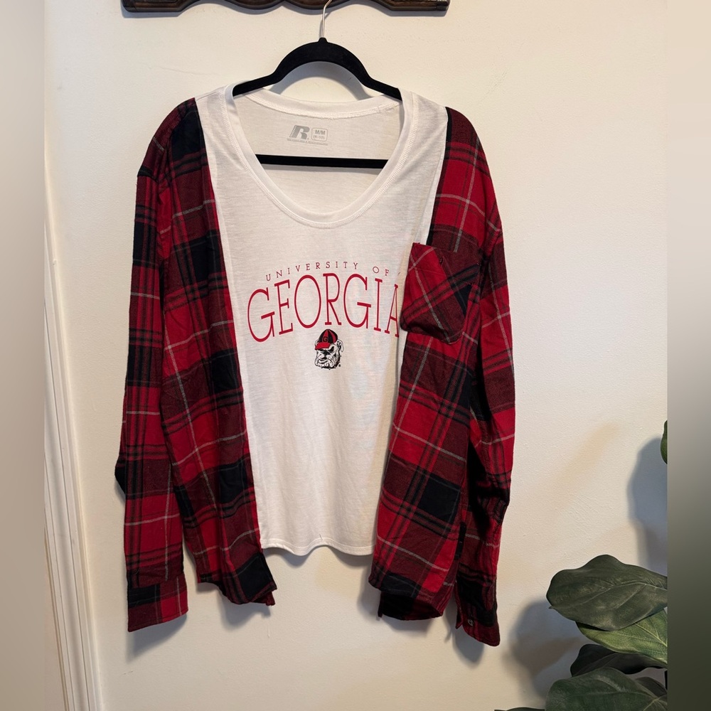 Georgia Bulldogs Tee with Plaid Flannel Sleeves Reworked